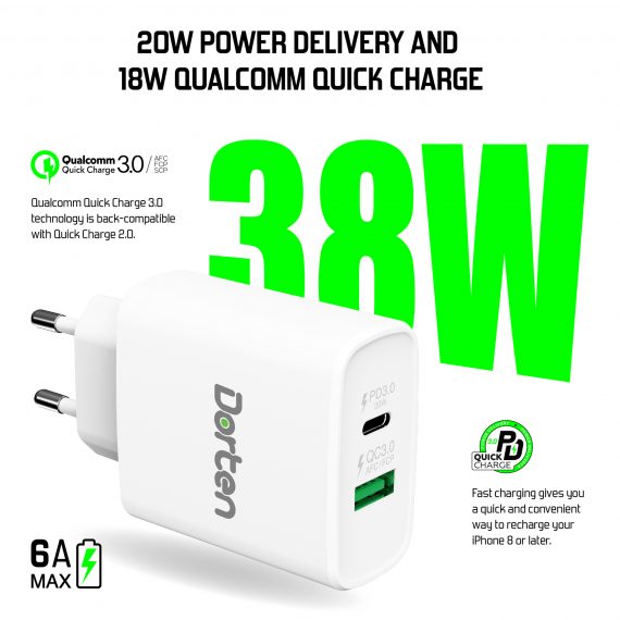 3-Port USB Smart ID 37W Wall Quick Charger QC4+ - PD3.0+2.4A_DN2