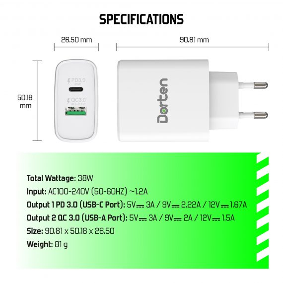 3-Port USB Smart ID 37W Wall Quick Charger QC4+ - PD3.0+2.4A_DN2