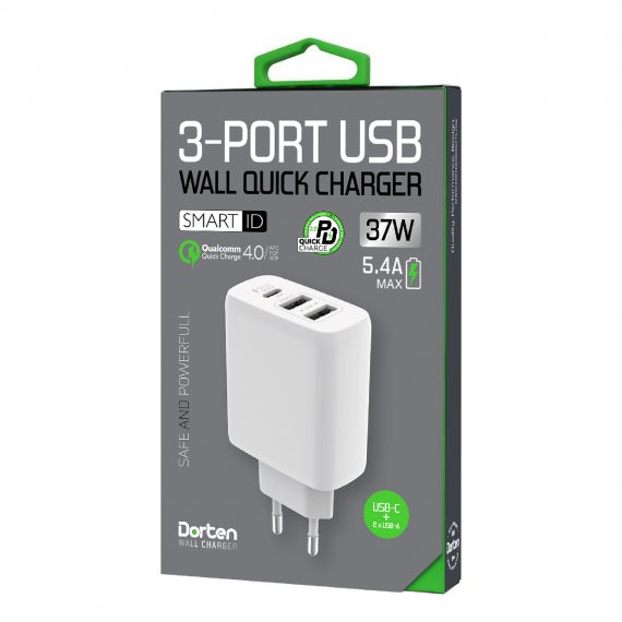 3-Port USB Smart ID 37W Wall Quick Charger QC4+ - PD3.0+2.4A_DN2