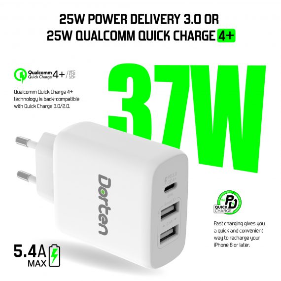 3-Port USB Smart ID 37W Wall Quick Charger QC4+ - PD3.0+2.4A_DN2