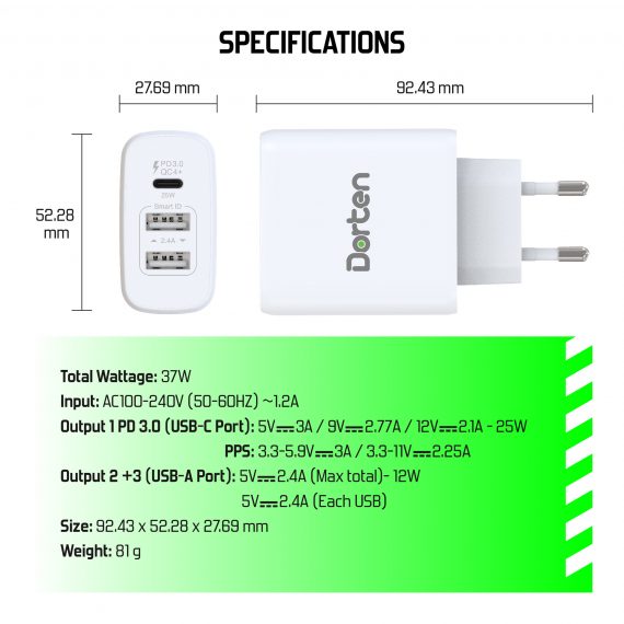 3-Port USB Smart ID 37W Wall Quick Charger QC4+ - PD3.0+2.4A_DN2