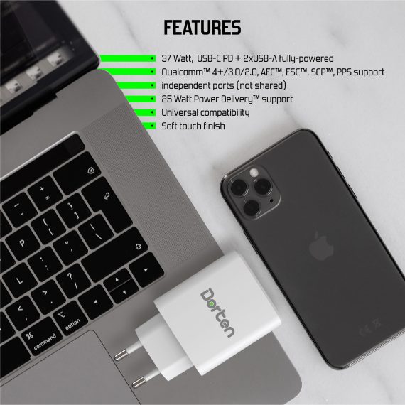 3-Port USB Smart ID 37W Wall Quick Charger QC4+ - PD3.0+2.4A_DN2